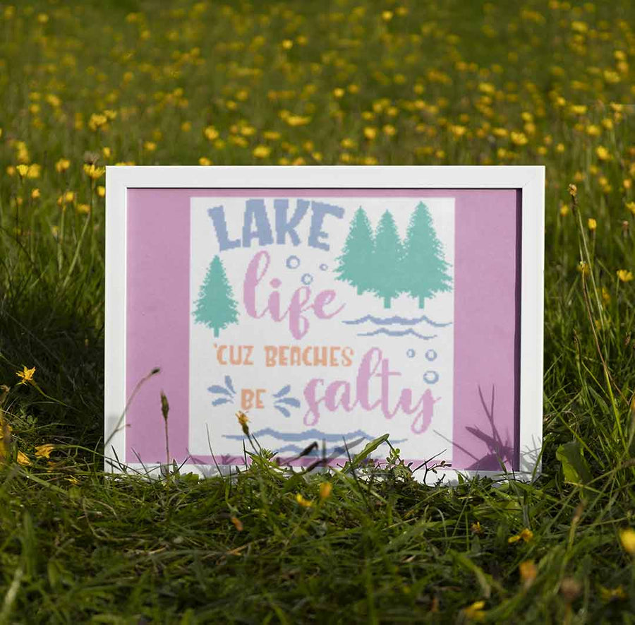 Stitched and framed preview of Lake Life Counted Cross Stitch Pattern and Kit
