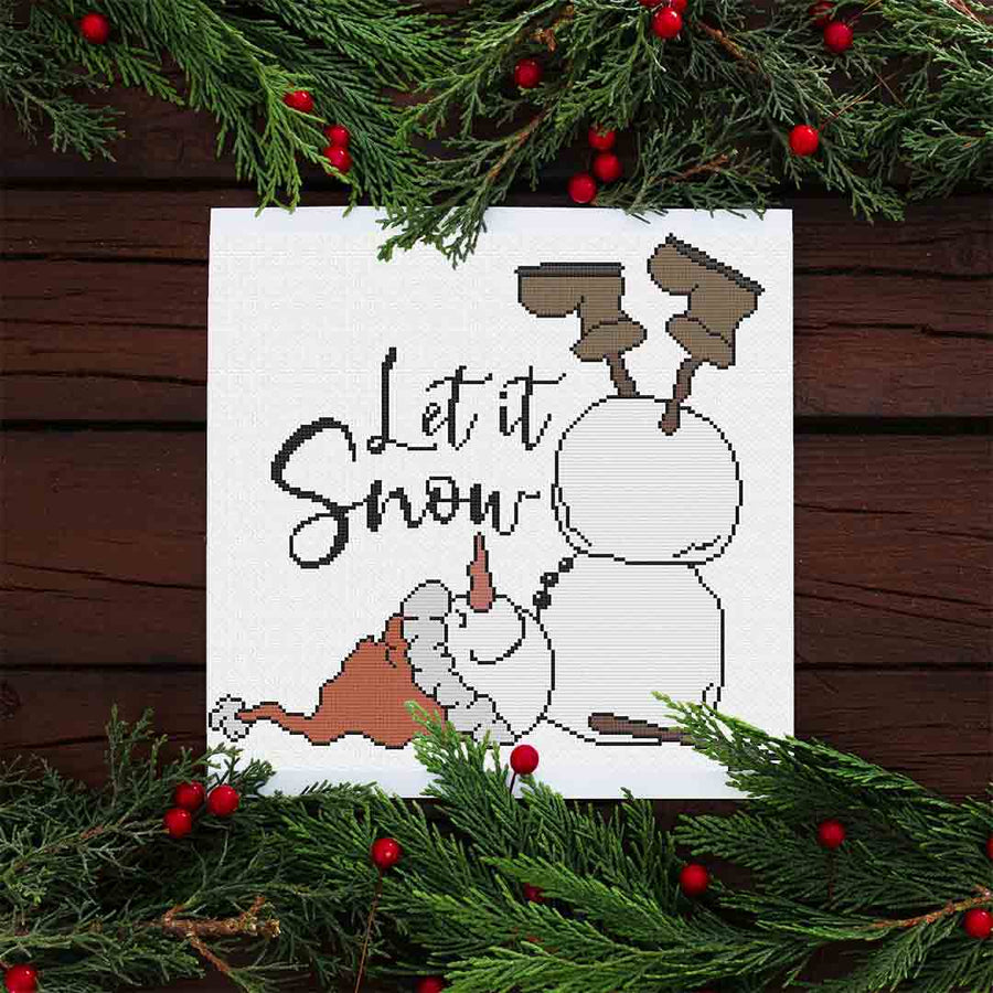 A stitched preview of the counted cross stitch pattern Lazy Snowman: Counted Cross Stitch Pattern and Kit