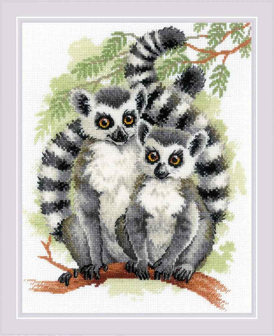 A stitched preview of Lemurs Counted Cross Stitch Kit