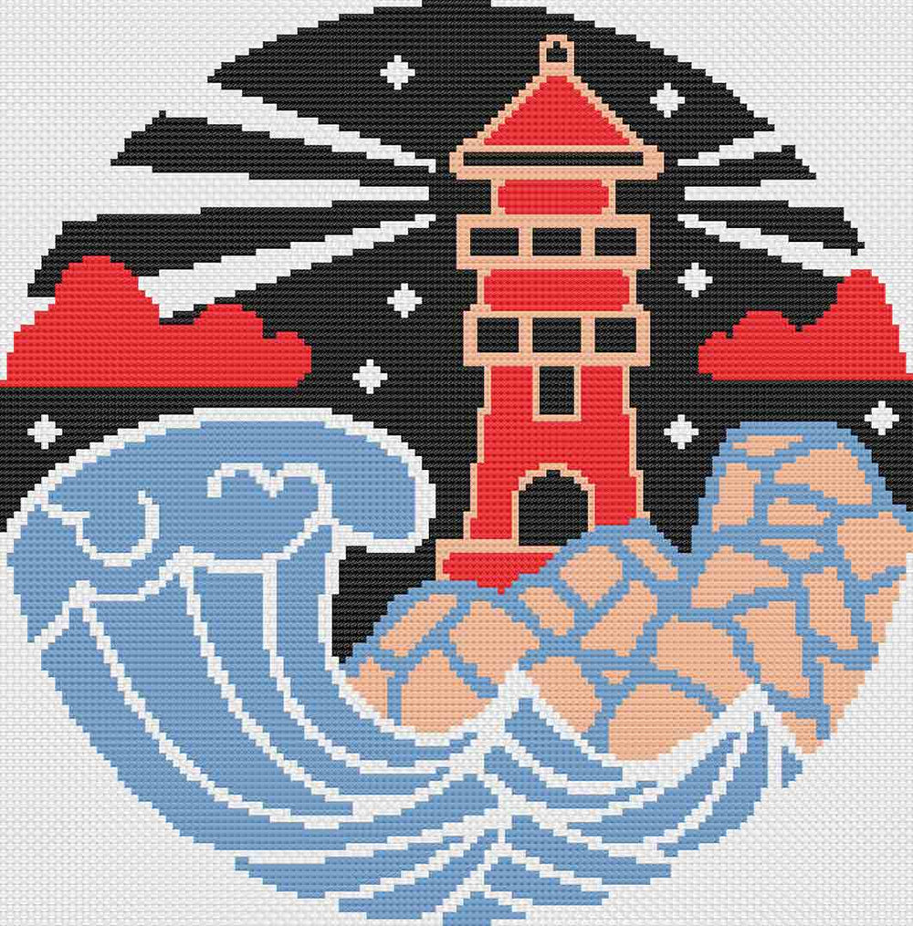 A stitched preview of the counted cross stitch pattern and kit "Lighthouse At Night" by Stitch Wit