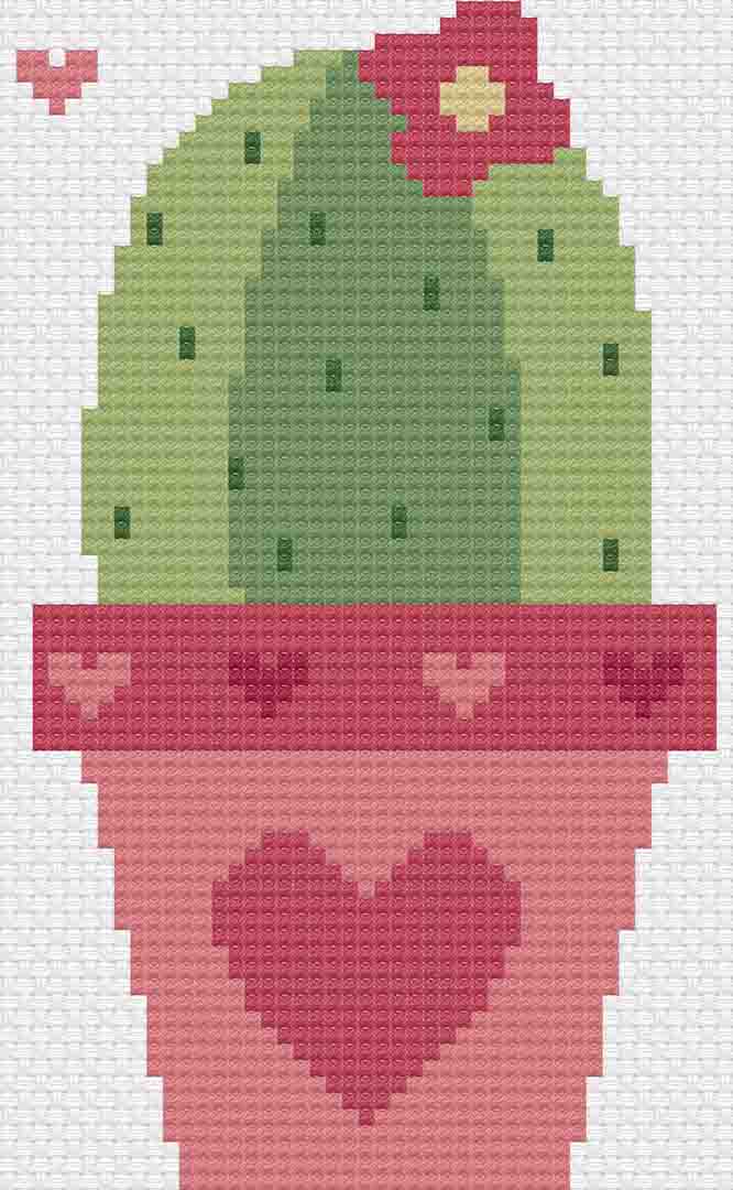 A stitched preview of the free counted cross stitch pattern Love Cactus by Stitch Wit