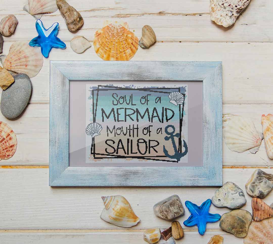 A stitched preview of Mermaid And Sailor: Counted Cross Stitch Pattern and Kit