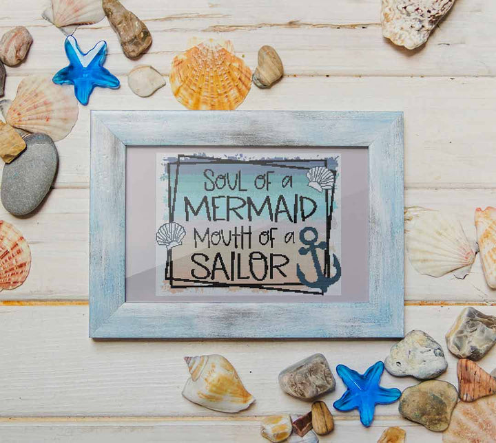 A stitched preview of Mermaid And Sailor: Counted Cross Stitch Pattern and Kit