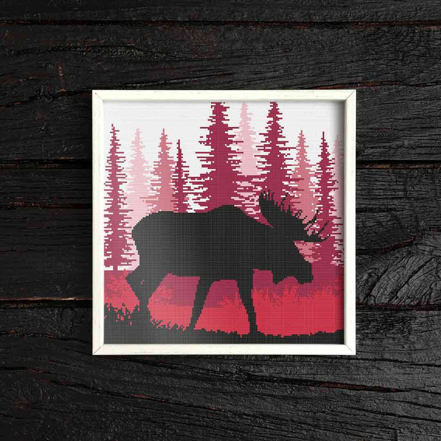 Stitched and framed preview of Moose Counted Cross Stitch Pattern and Kit