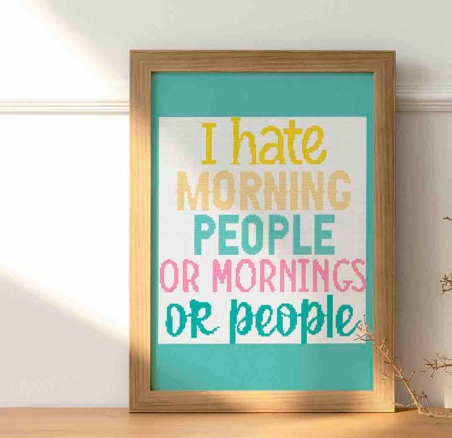 Image of stitched and framed "Morning People" Counted Cross Stitch Pattern and Kit by Stitch Wit