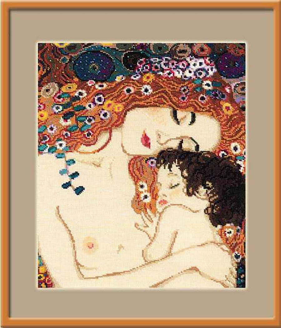 A stitched preview of Motherly Love After G. Klimt's Painting Counted Cross Stitch Kit