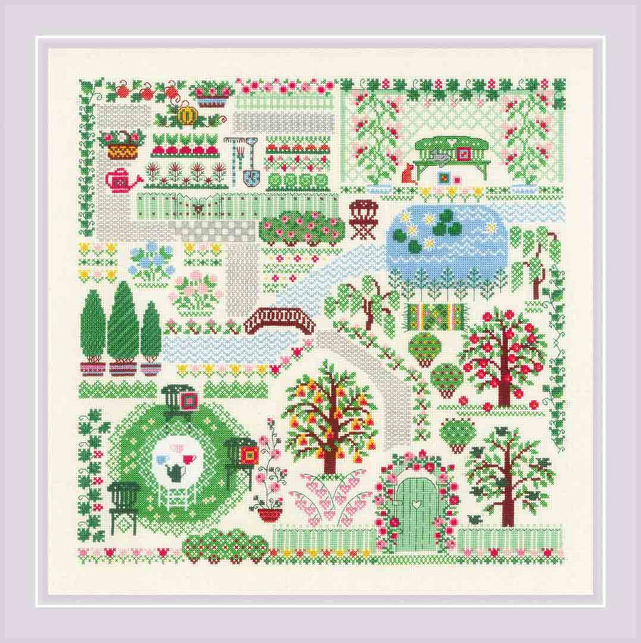 A stitched preview of My Garden Counted Cross Stitch Kit