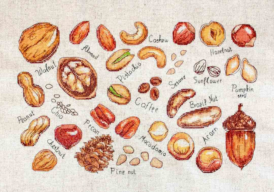 Stitched preview of Nuts and Seeds Counted Cross Stitch Kit