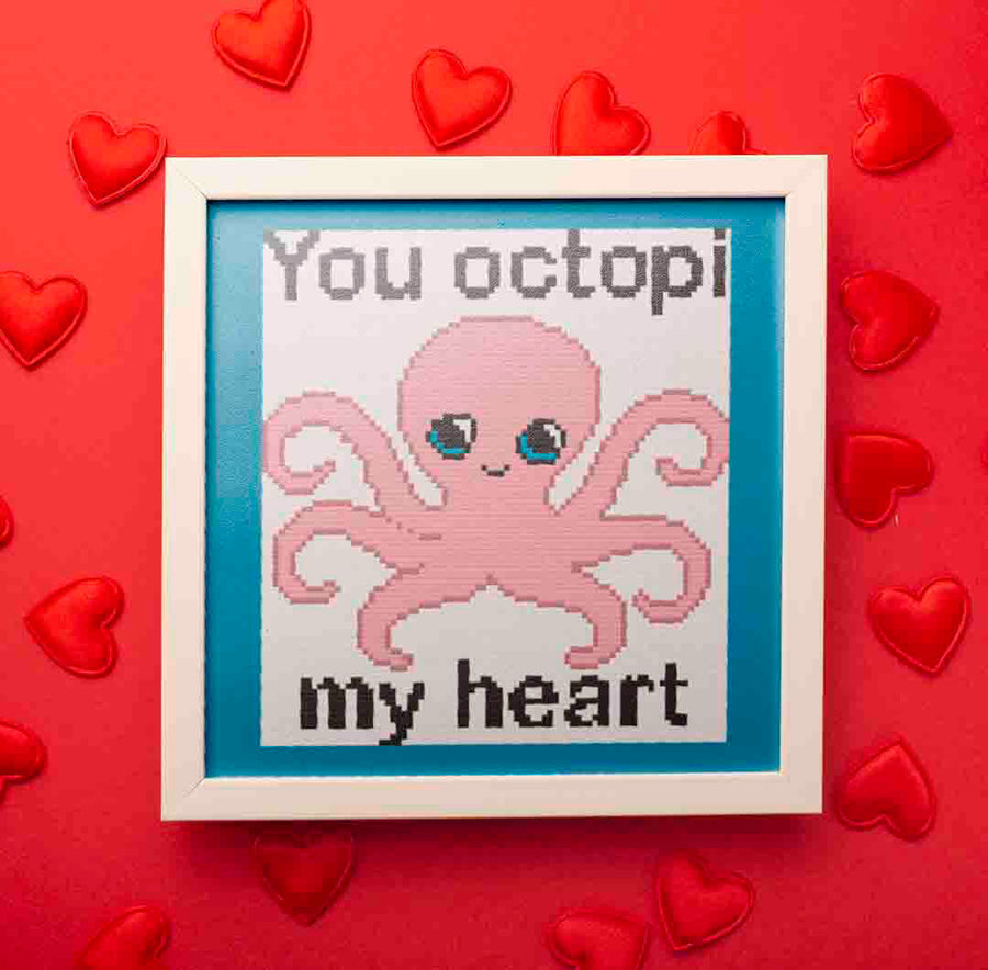 A stitched preview of the counted cross stitch pattern and kit Octopi My Heart by Stitch Wit