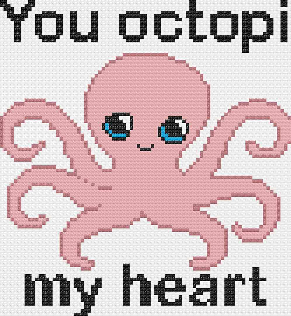 A stitched preview of the counted cross stitch pattern and kit Octopi My Heart by Stitch Wit