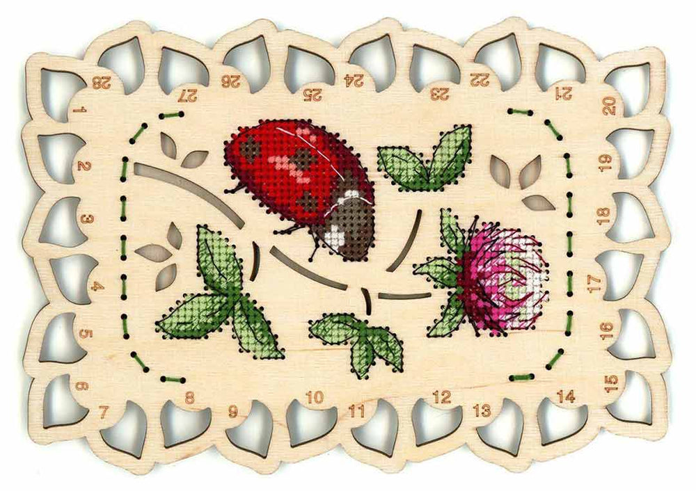 Stitched preview of Ladybug Plywood Thread Organizer Counted Cross Stitch Kit