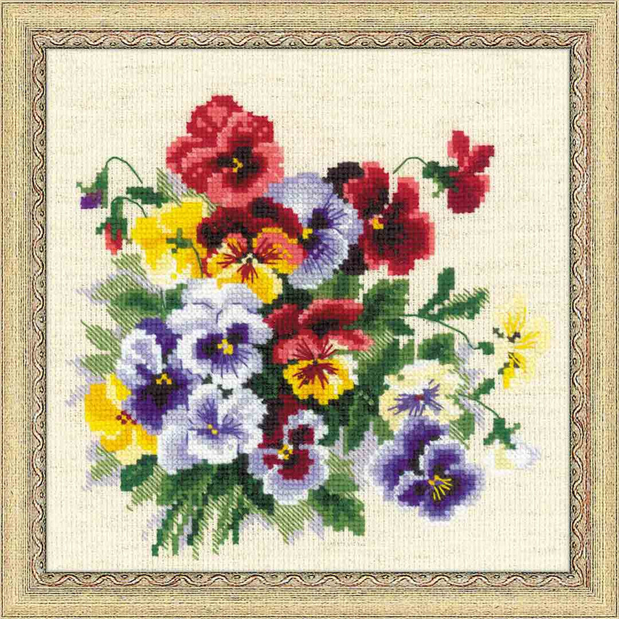 A stitched preview of Pansy Medley Counted Cross Stitch Kit