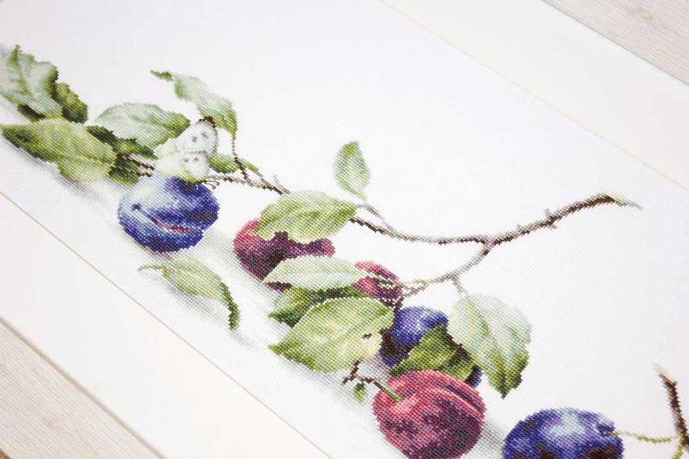 Stitched preview of Plums Counted Cross Stitch Pattern and Kit