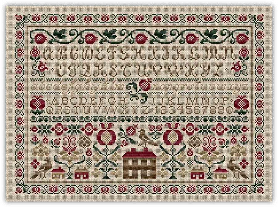 An image of a stitched preview of counted cross stitch pattern Pomegranate Alphabet Sampler by Happiness is Heartmade