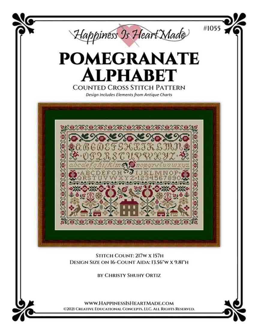 An image of the cover of counted cross stitch pattern Pomegranate Alphabet Sampler by Happiness is Heartmade