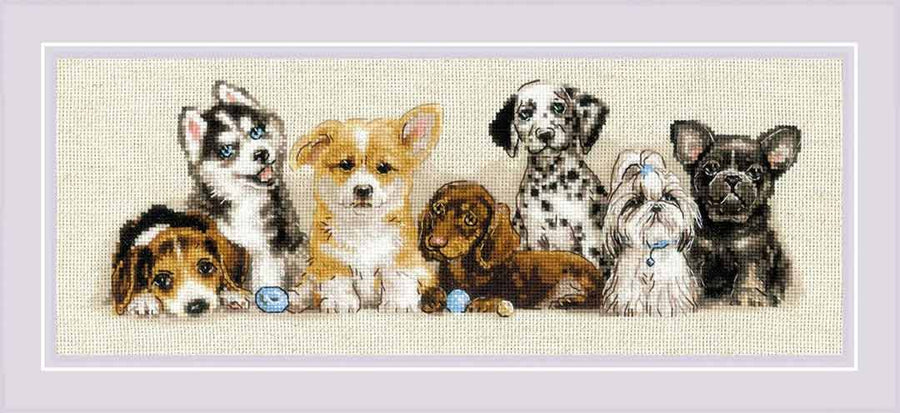 A stitched preview of Puppies Counted Cross Stitch Kit