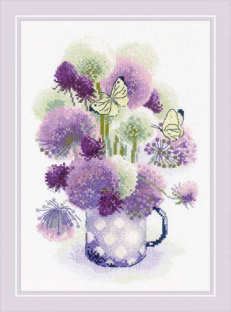 A stitched preview of Purple Allium Counted Cross Stitch Kit