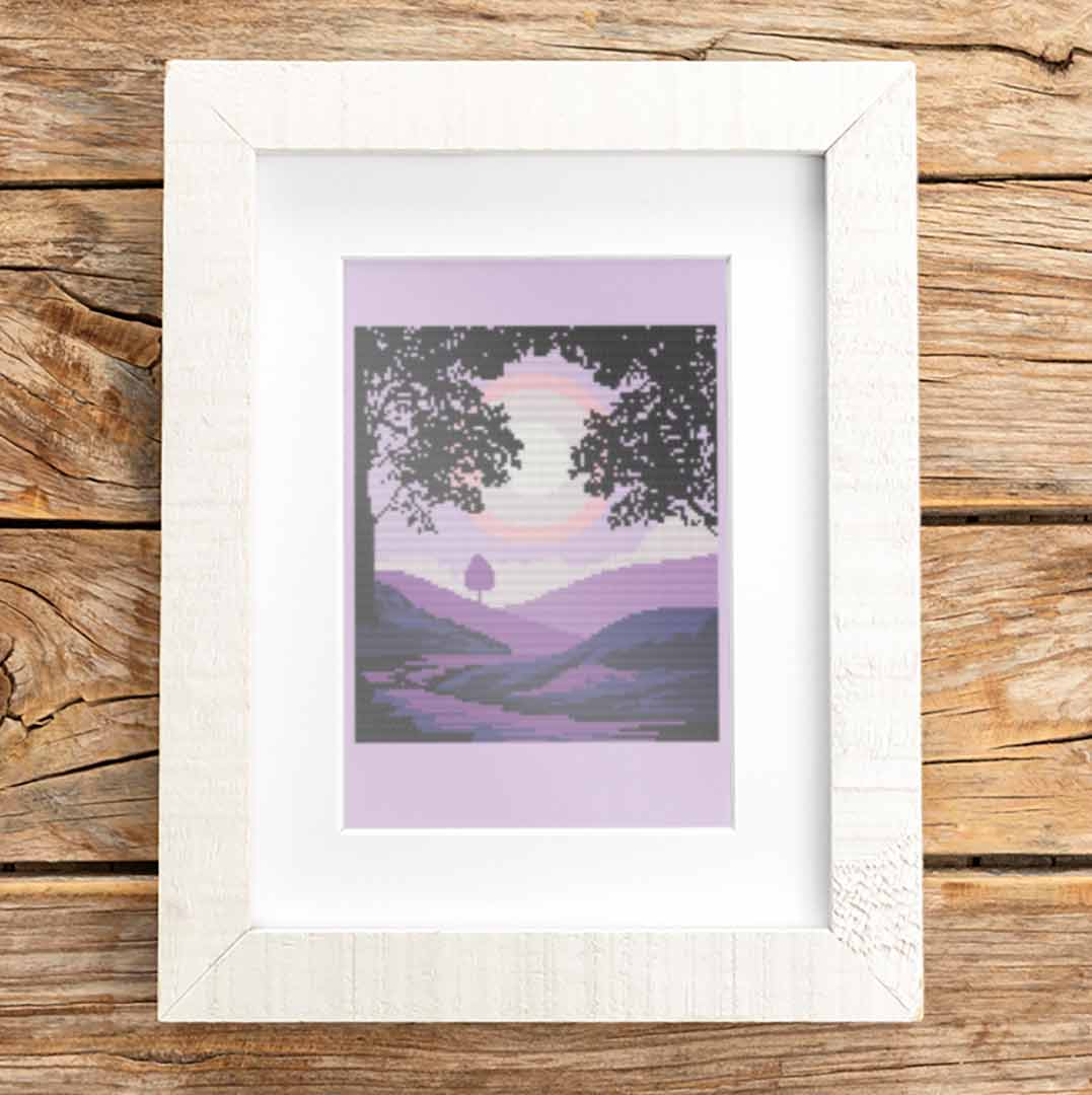 Stitched and framed preview of Purple River Counted Cross Stitch Pattern and Kit