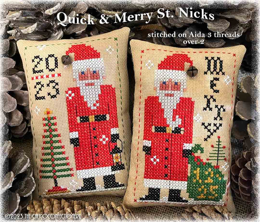 An image of stitched preview of the counted cross stitch pattern Quick and Merry St Nicks by The Calico Confectionery