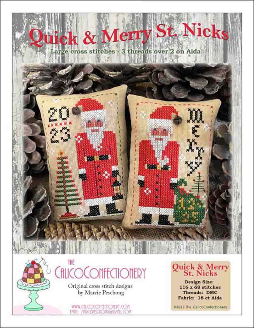 An image of the cover of the counted cross stitch pattern Quick and Merry St Nicks by The Calico Confectionery