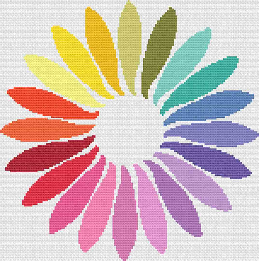 A stitched preview of the counted cross stitch pattern and kit "Rainbow Petals" by Stitch Wit