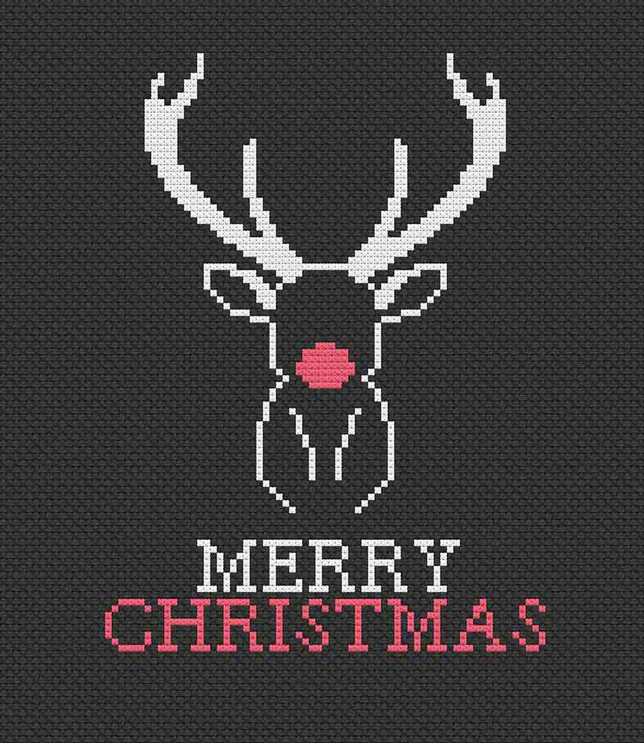Image of stitched preview of "Red Nose Reindeer" a free counted cross stitch pattern by Stitch Wit