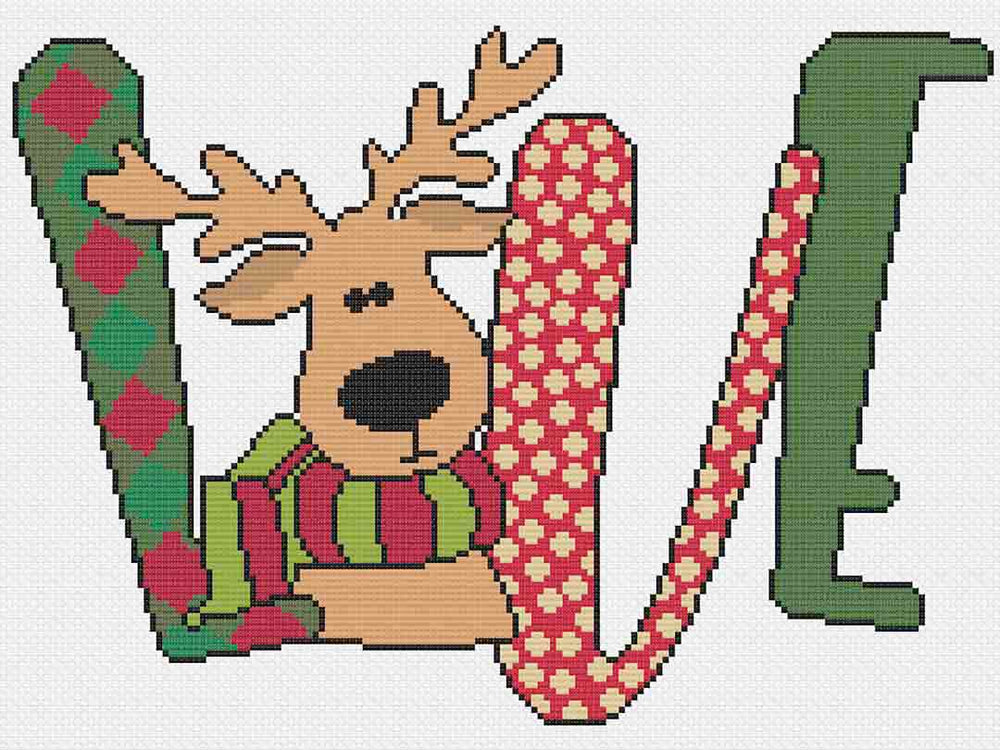 Image of stitched preview of "Reindeer Love" a counted cross stitch pattern and kit by Stitch Wit