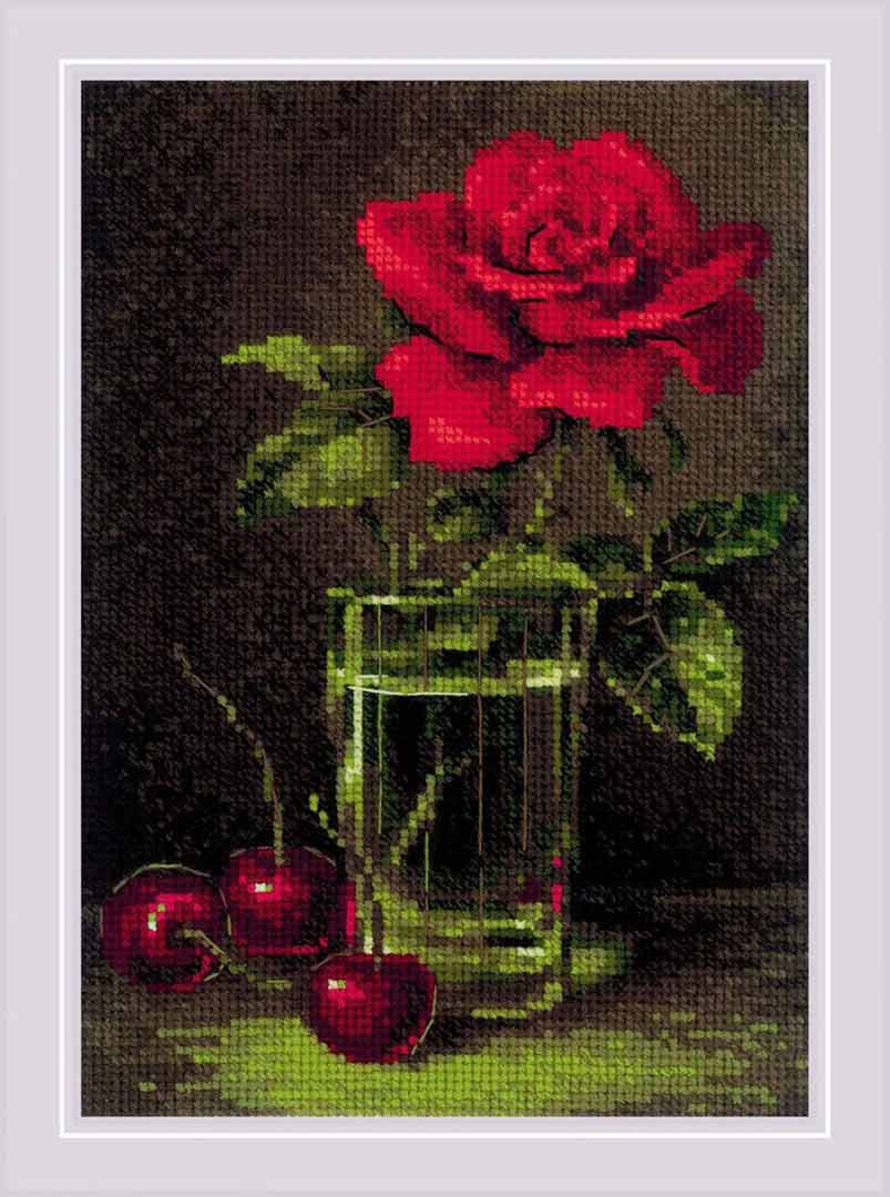 A stitched preview of Rose And Sweet Cherry Counted Cross Stitch Kit