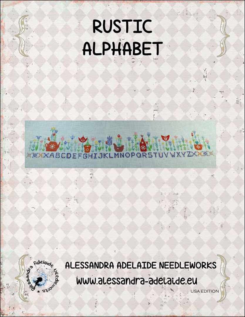 An image of the cover of the counted cross stitch pattern Rustic Alphabet by Alessandra Adelaide