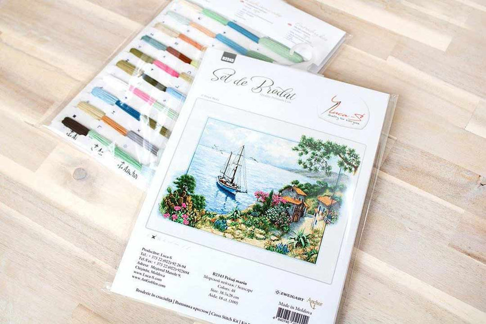 Contents of Seascape Counted Cross Stitch Kit