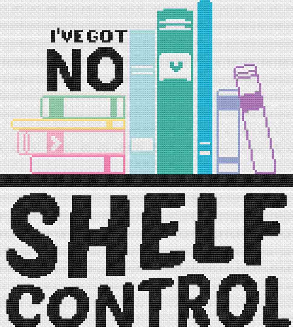 A stitched preview of the counted cross stitch pattern Shelf Control by Stitch Wit