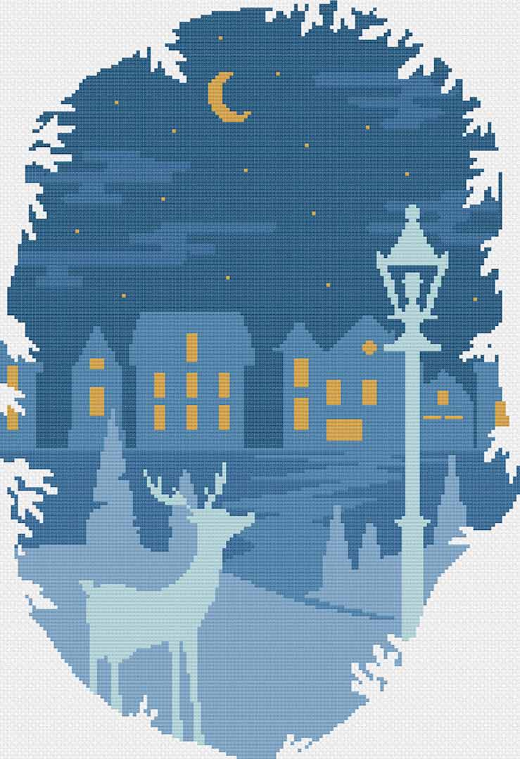 A stitched preview of the counted cross stitch pattern Silent Night: Counted Cross Stitch Pattern and Kit