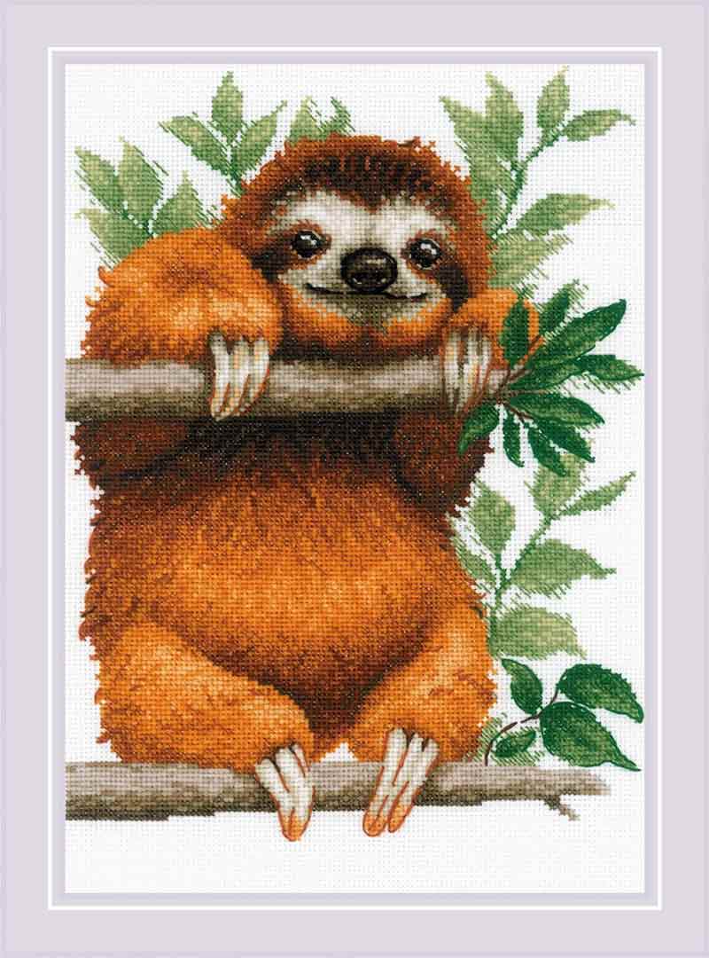 A stitched preview of Sloth Counted Cross Stitch Kit