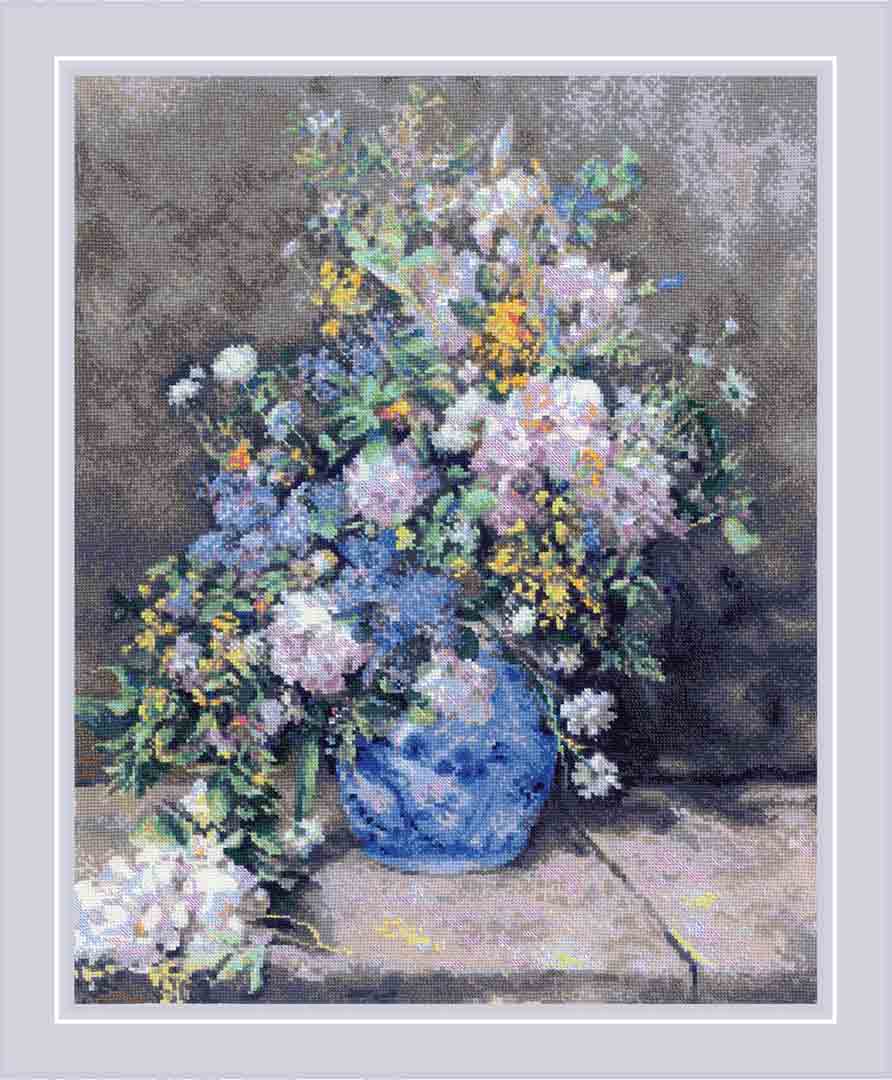 A stitched preview of Spring Bouquet After P.A. Renoir's Painting Counted Cross Stitch Kit