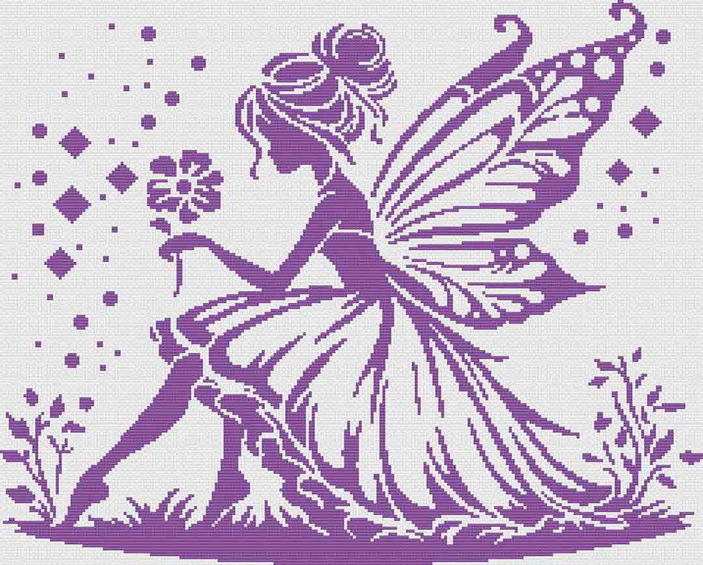 An image of a stitched preview of the counted cross stitch pattern and kit "Spring Fairy" by Stitch Wit