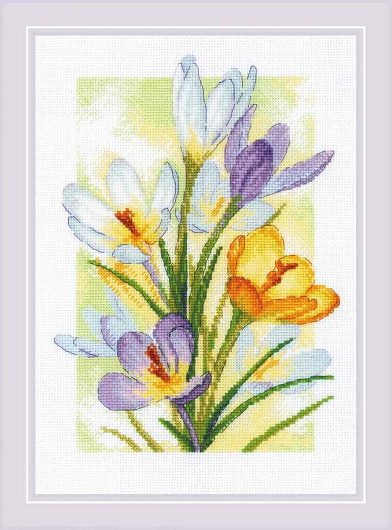 A stitched preview of Spring Glow Crocuses Counted Cross Stitch Kit