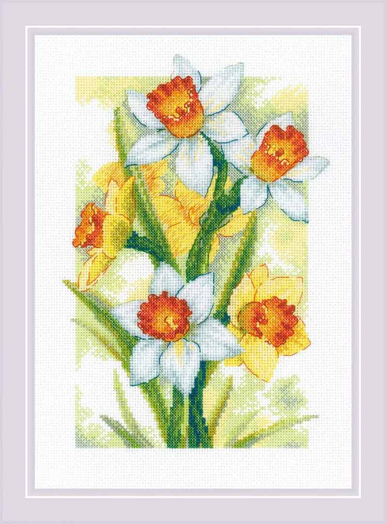 A stitched preview of Spring Glow Daffodils Counted Cross Stitch Kit