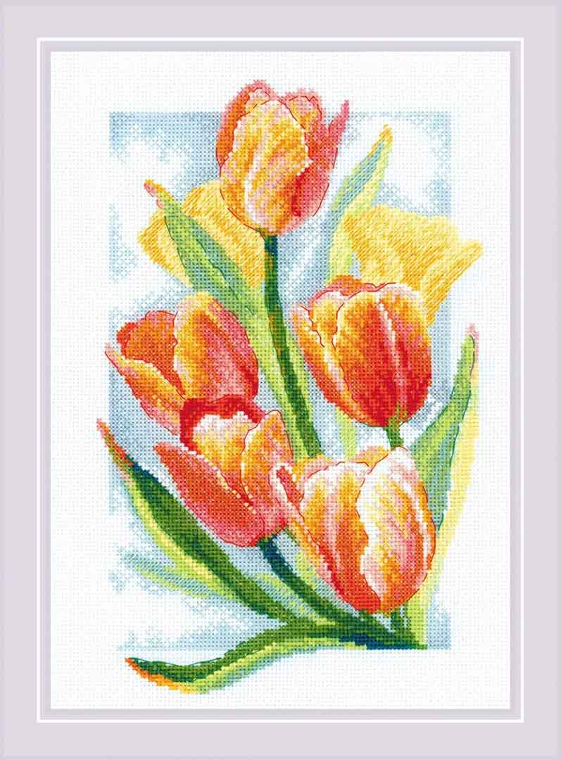 A stitched preview of Spring Glow Tulips Counted Cross Stitch Kit