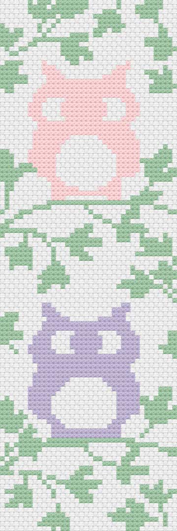 A stitched preview of the free counted cross stitch pattern "Two Spring Owls Bookmark"