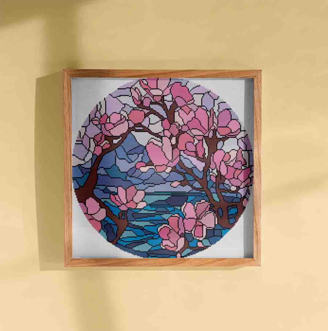 A stitched preview of the counted cross stitch pattern Stained Glass Cherry Blossoms by Stitch Wit