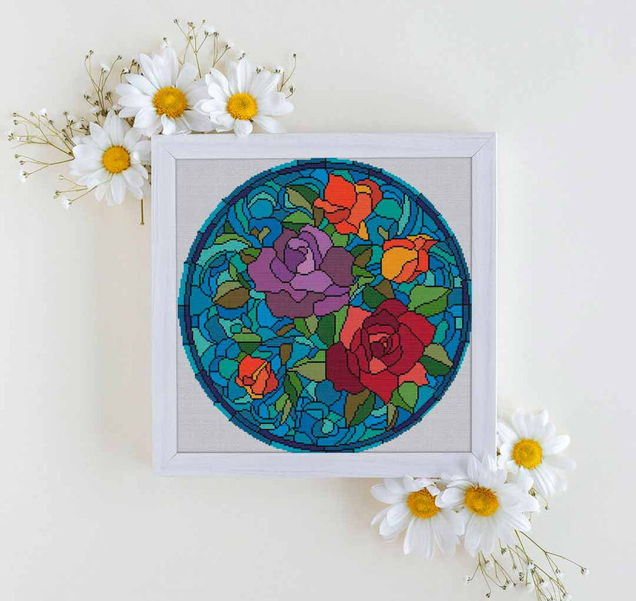 A stitched preview of Stained Glass Flowers: Counted Cross Stitch Pattern and Kit