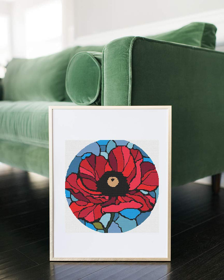 A stitched preview of the counted cross stitch pattern Stained Glass Poppy by Stitch Wit