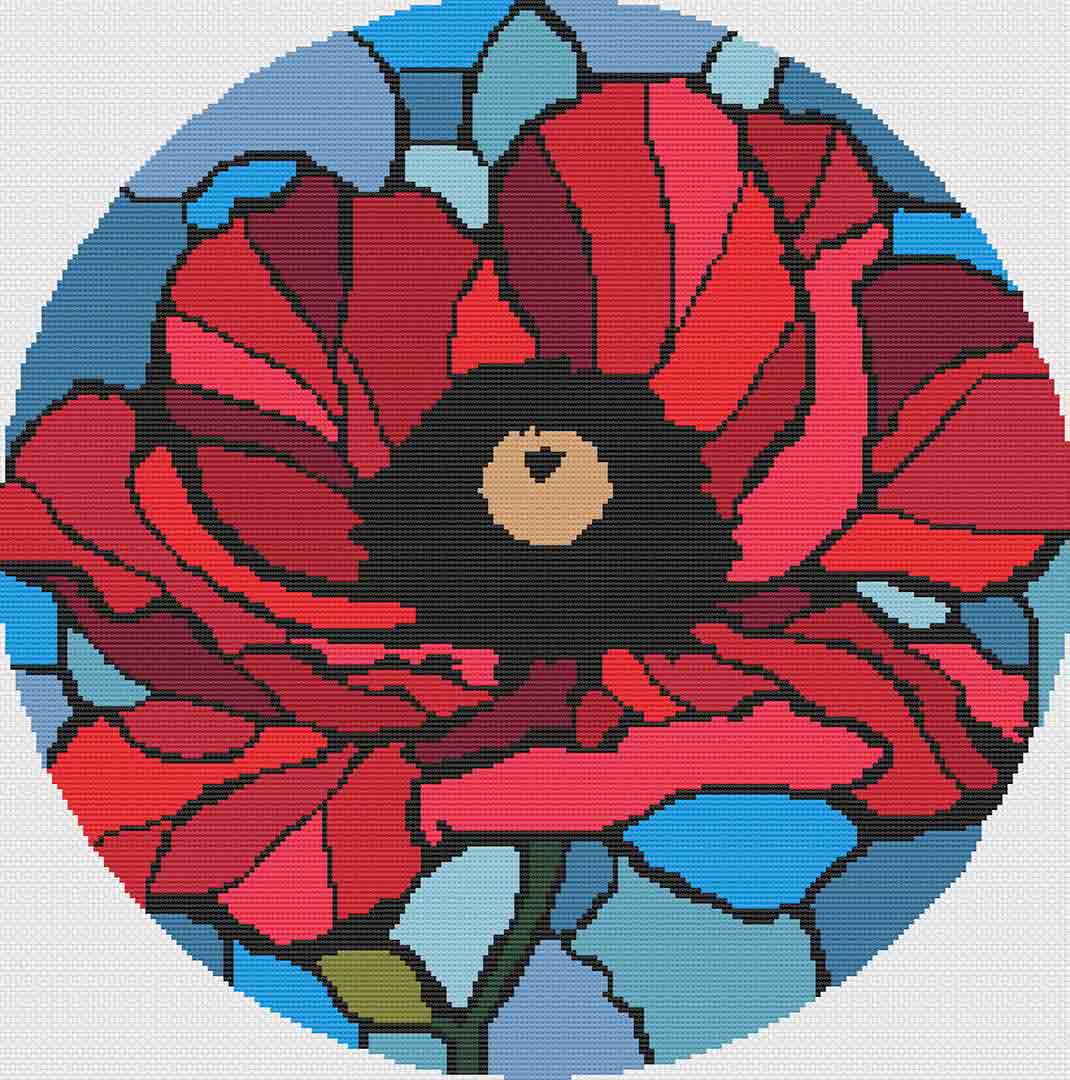 A stitched preview of the counted cross stitch pattern Stained Glass Poppy by Stitch Wit