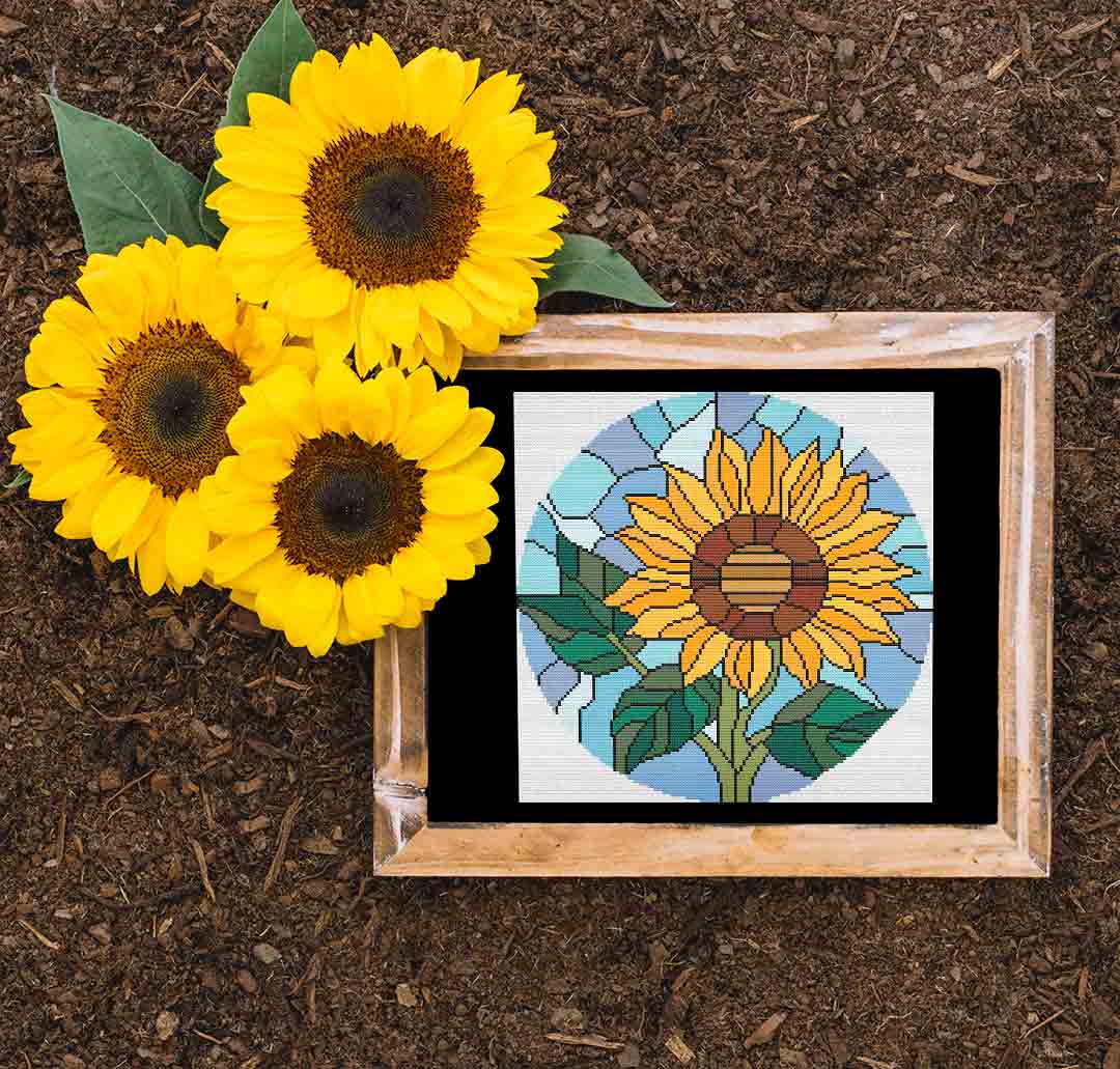 A stitched preview of Stained Glass Sunflower: Counted Cross Stitch Pattern and Kit