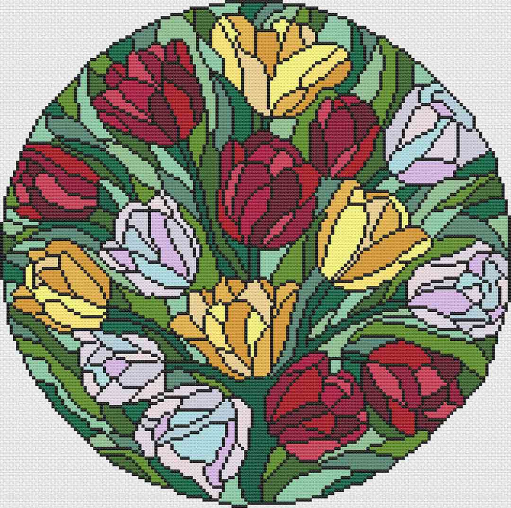 A stitched preview of the counted cross stitch pattern Stained Glass Tulips: Counted Cross Stitch Pattern and Kit