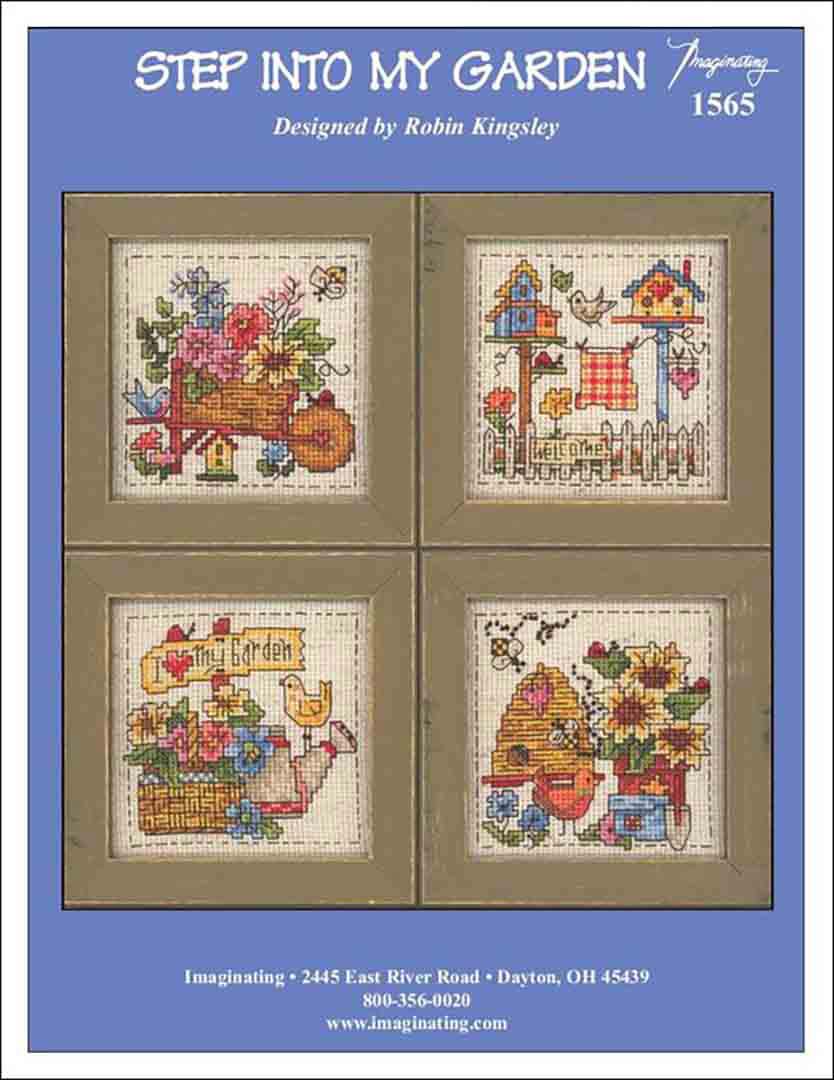An image of the cover of the counted cross stitch pattern Step Into My Garden by Robin Kingsley