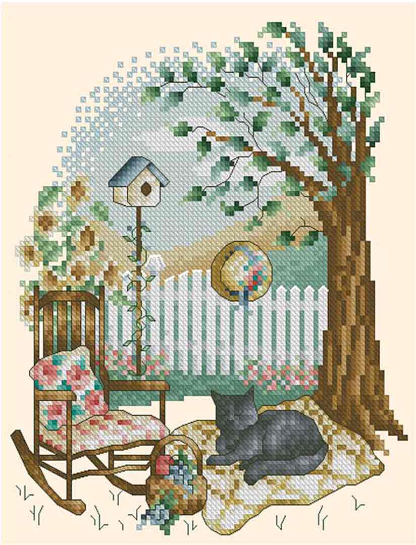 A stitched preview of the counted cross stitch pattern Four Seasons Cats Summer Nap by Kitty & Me Designs