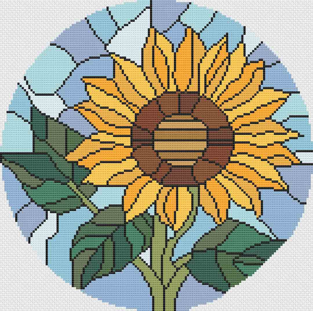 A stitched preview of Stained Glass Sunflower: Counted Cross Stitch Pattern and Kit