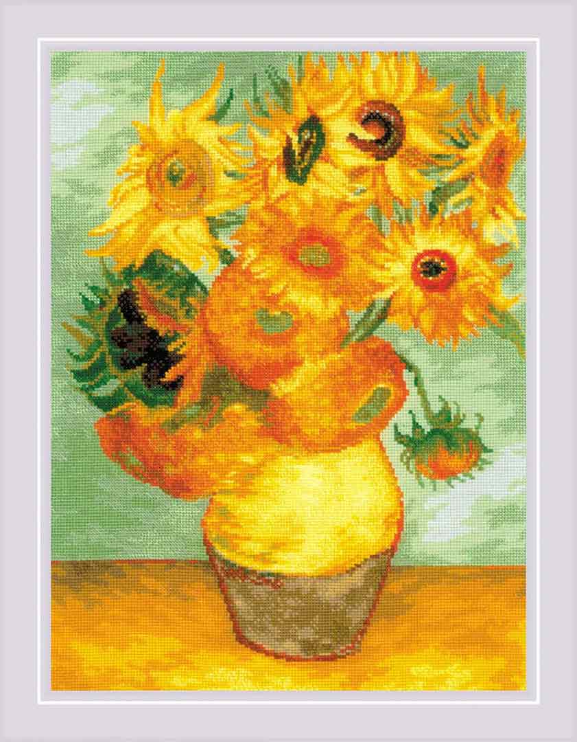 A stitched preview of Sunflowers After Vincent Van Gogh's Painting Counted Cross Stitch Kit