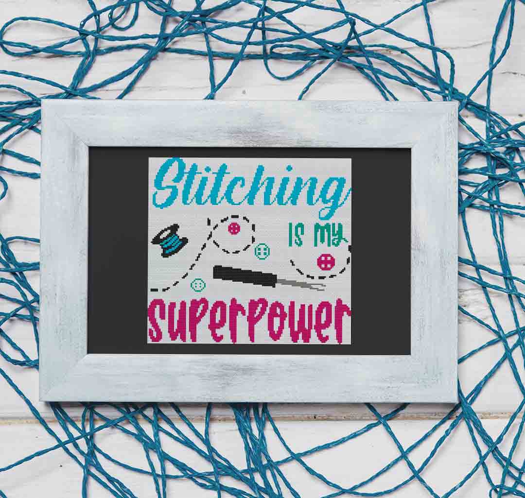 A stitched preview of the counted cross stitch pattern Superpower by Stitch Wit